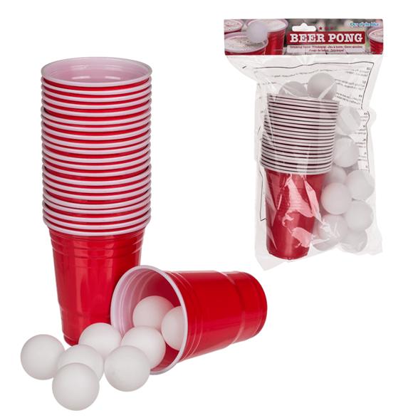 Beer Pong Set - 22 red cups en 15 tafeltennisballen - 550ml